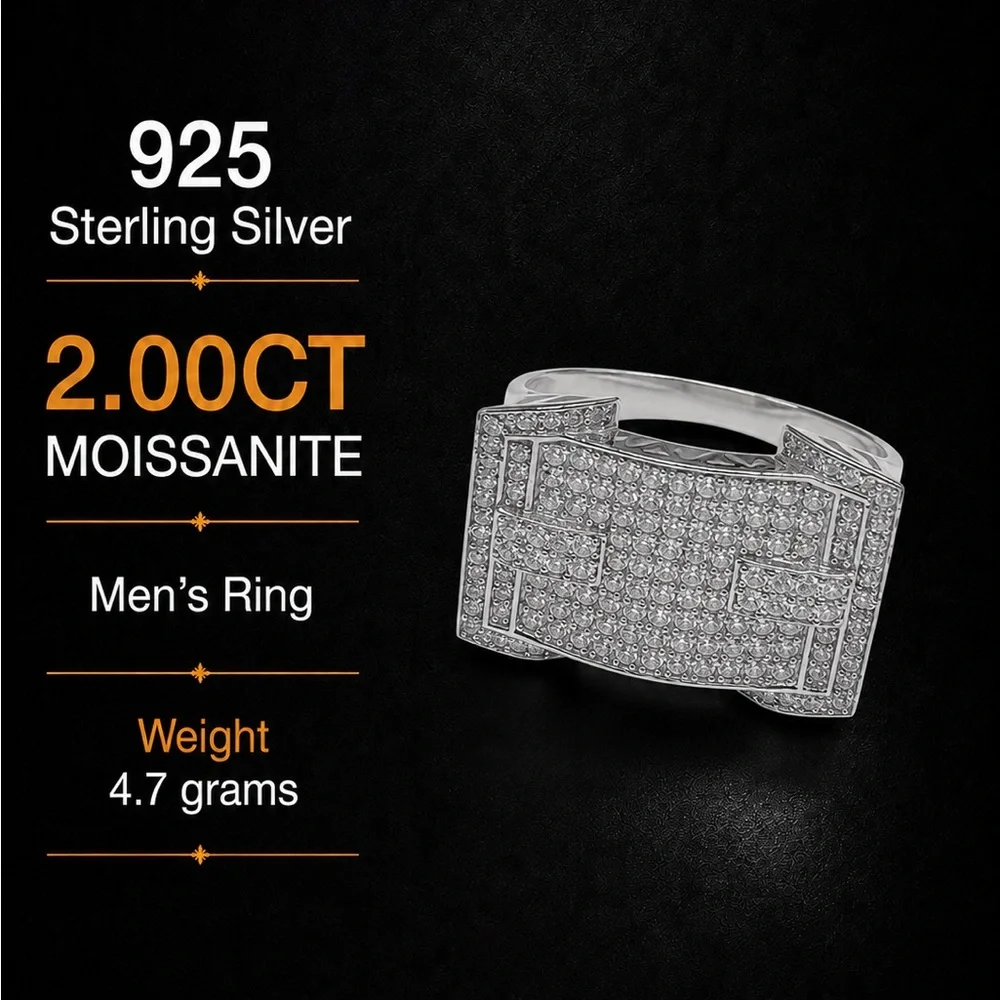 925 Sterling Silver 2.00CT MOISSANITE Men’s Ring Size 11 Or 12